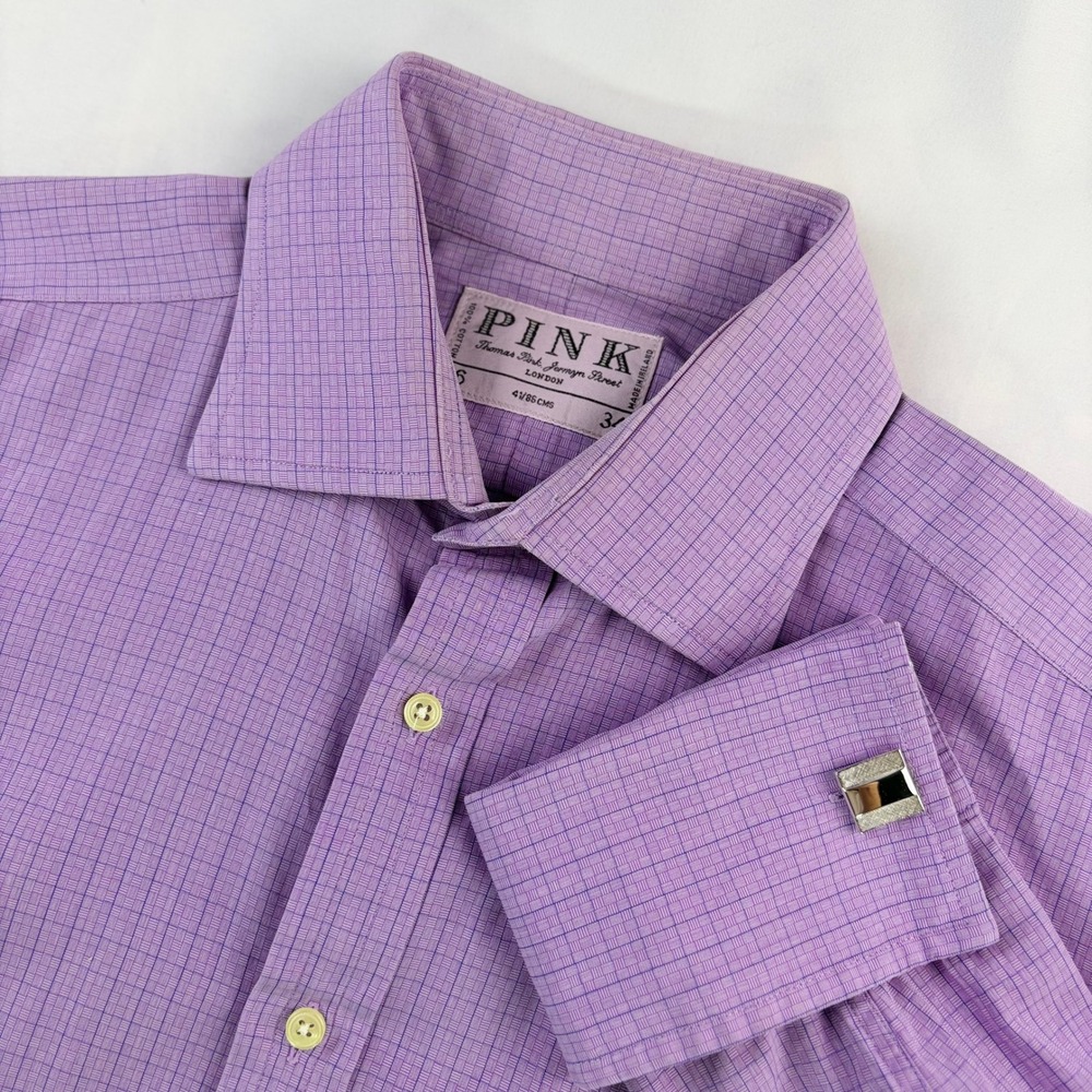 Thomas Pink Jermyn St Dress Shirt Mens 16/34 Purple Check French Cuff Ireland
